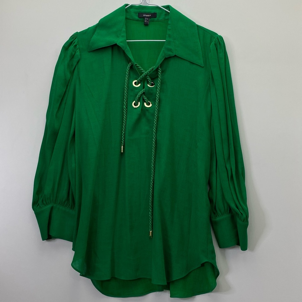 STUDIO F Women's Colorful Solid GREEN Front Tie High/Low Hem Boho Top Pink M